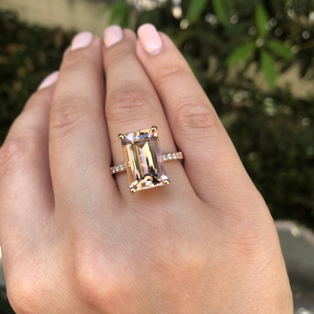 14k Rose Gold Emerald-Cut Morganite Ring with Pavé Band